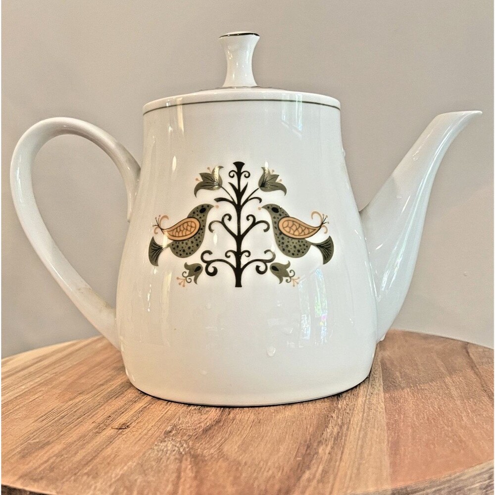 Noritake Hermitage 6226 Teapot Green Birds Vtg Japan